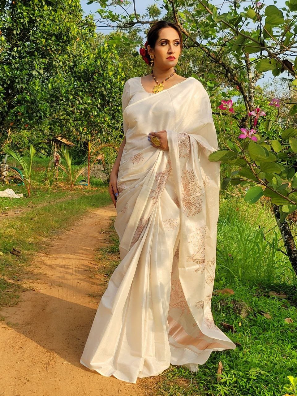 Sai Ram Textiles Premium Quality New Rose Gold Nelkathir Set Saree | Kerala Traditional Saree