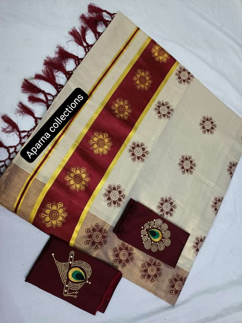Aparna Collection's Attractive Tissue Golden Printed Kunjalam Saree With Blouse - Multicolour | Kerala Traditional Set Saree With Blouse