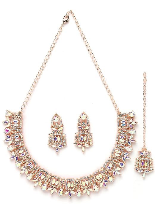 Rose Gold Plated Rainbow Stone Collar Bone Necklace Set With Earring And Maangtika | Jewellery Set For Women (NS105696)