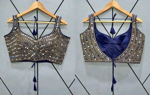 Sastha Fashion Stylish Heavy Phantom Silk Thread Zari Work Handmade Real Mirror Lace And Embroidery Work Sleeveless Readymade Saree Blouse For Lehenga Choli - Navy Blue Colour