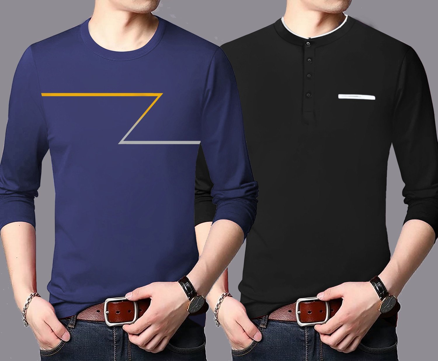 LG Garments Men's Trendy Stylish Round Neck Full Sleeves Cotton Rich Blend T-Shirts - Multi-colour (Combo Pack Of 2) | Men's T-Shirt (2 in 1) (S, M, L, XL, XXL)