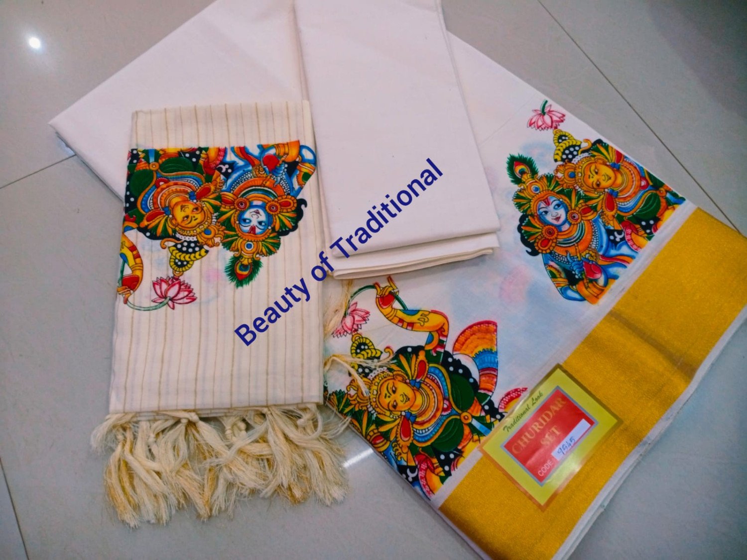Avanika Collection's Kerala Stylish Pure Cotton Mural Work Churidhar Set Material | Kerala Traditional Unstitched Churidar Set