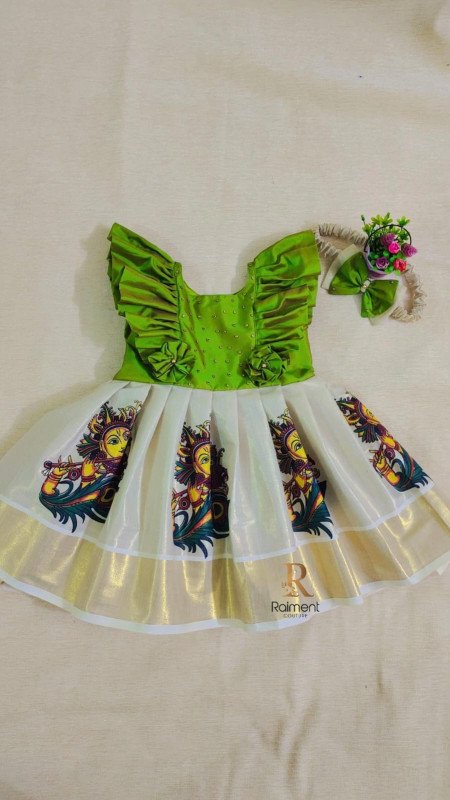 Attractive Kerala Traditional Golden Tissue With Semi Silk Material Kids Frock (Green Colour)