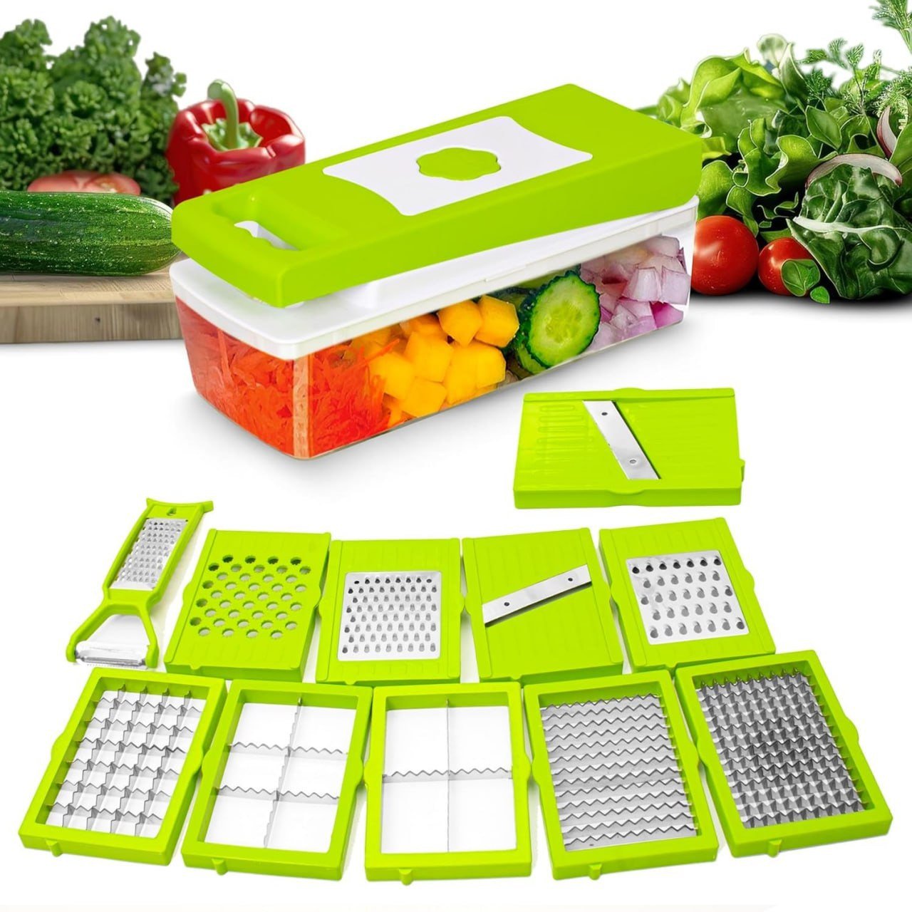 SmartGadgets 13 in 1 Multipurpose Chopper, Fruits & Vegetable Cutters, Grater Peeler Chipser, Unbreakable Food Grade Body, Easy Push to Clean Button Slicer Dicer, Chopper for Kitchen (Green, Plastic)