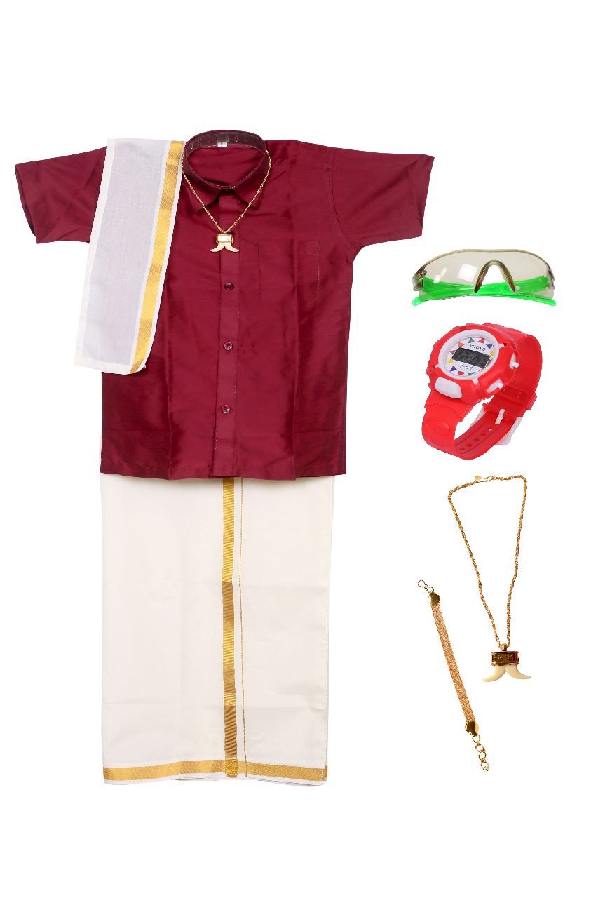 DJ Collection's Attractive Traditional Premium Quality Silk Cotton Shirt-Dhoti-Towel Full Set With Free Ornaments For Kids - Multicolour | Kids Traditional Ethnic Wear