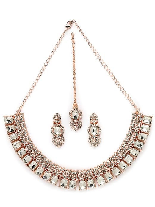 Tasteful Rose Gold AD White Stones Collar Bone Necklace Set With Earring And Maangtika | Jewellery Set For Women.