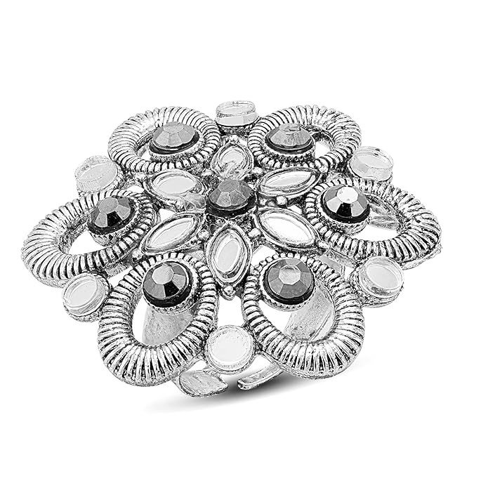Encrusted Floral Gold Plated Mirror Adjustable Ring For Women (LR103008)