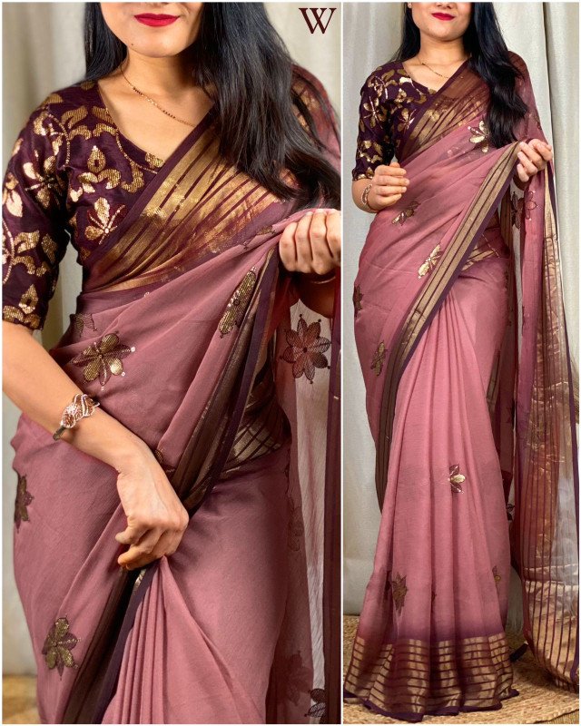 Edathal Star Collection's Attractive Stylish Georgette Chiffon Thread & Sequin Work In Saree With Gold Zari Weaving Border With Stylish Latkan In Pallu | Soft Georgette Chiffon Saree