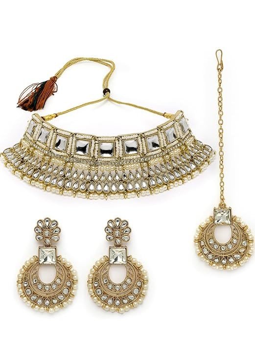 Sukkhi Classical Bridal Gold Plated Rani Pink Kundan & Beads Studded Choker Necklace Set For Women.