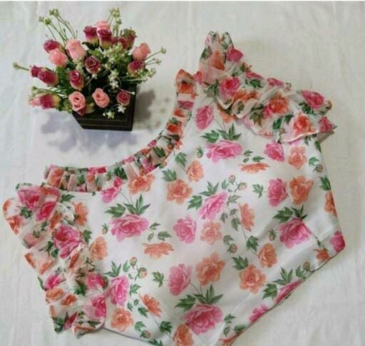 Sastha Fashion Fancy Trendy Stylish Digital Printed Frills On Sleeves Ruffles Fancy Women Readymade Blouse - White Colour | Georgette Fabric | Ruffles
