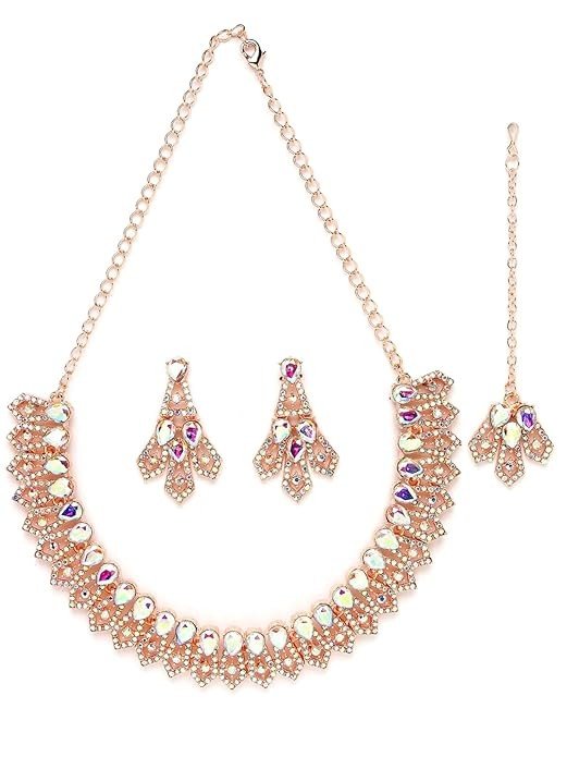 Sukkhi Fanciable Rose Gold Rainbow Stones Collar Bone Necklace Set With Earring And Maangtika | Jewellery Set For Women (NS104985)