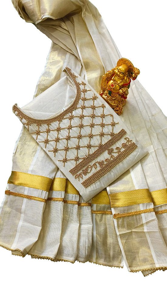 Avanika Collection's Kerala Traditional Attractive Tissue Cotton Churidar Full Set (Tissue Dupatta With Bead Work) | Kerala Traditional Salwar Set