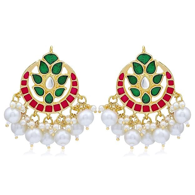Glossy Kundan Gold Plated Pearl Meenakari Chandbali Earring For Women (SKR56854)