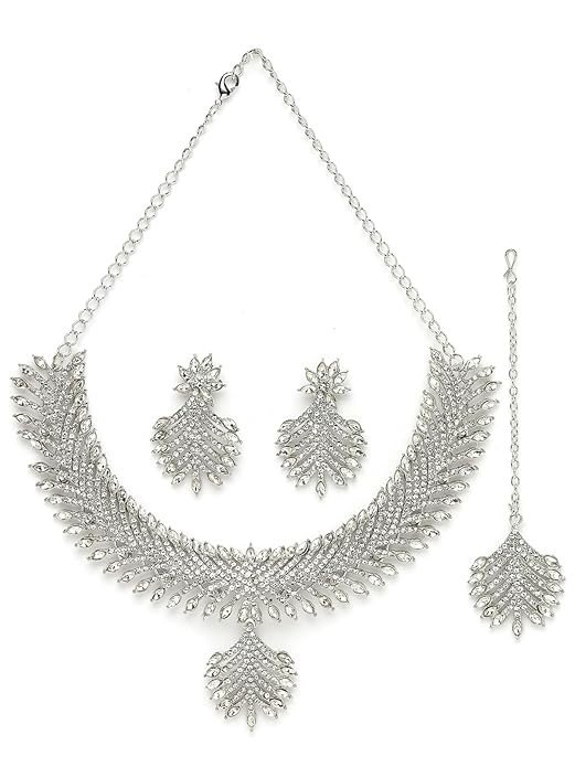 Sukkhi Stylish Rhodium Plated Silver AD White Stone Collar Bone Necklace Set With Earring And Maangtika | Jewellery Set For Women (NS105550)