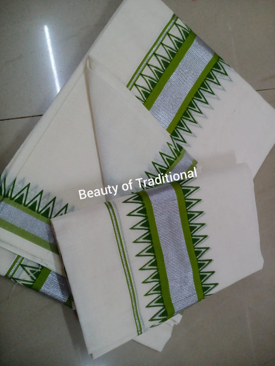 Avanika Collection's Kerala Traditional Cotton Silver Fancy Timple Work Set Mundu - Multicolour | Kerala Set Mundu