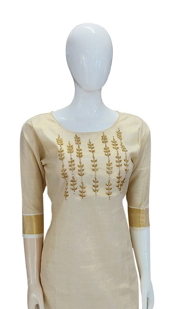 Avanika Collection's Kerala Traditional Attractive Tissue Cotton Churidar Full Set (Tissue Dupatta With Bead Work) | Kerala Traditional Salwar Set