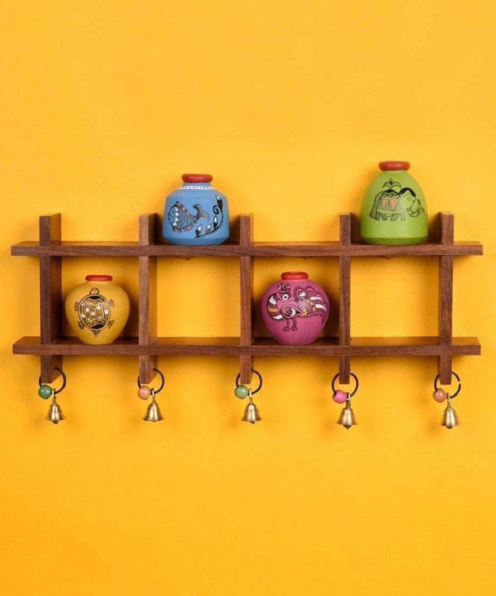 Wall Mounted Wooden Wall Shelf For Home Decorative Wooden Wall Shelf With Earthen Pots