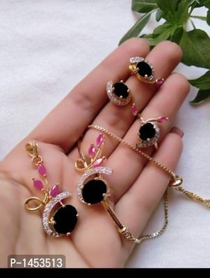 FSS Stunning Black Pink American Diamond Combo Pendant Set