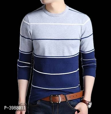 FSS New Trend Blue Grey  Cotton Sripped Round Neck T Shirt