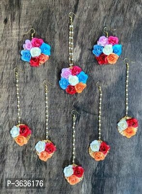 FSS Floral Red Design Paper Maang Tikka With Earrings