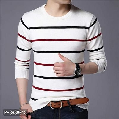 FSS New Trend White Cotton Sripped Round Neck T Shirt