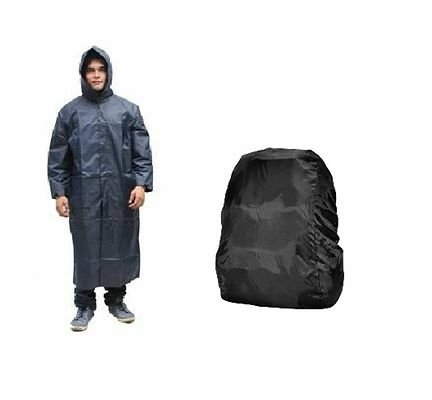 FSS Blue Rain Coat Knee Length Long And Black  Back Back Cover