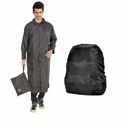 FSS Grey Rain Coat Knee Lenght Long With Cap And Black Back Pack Cover