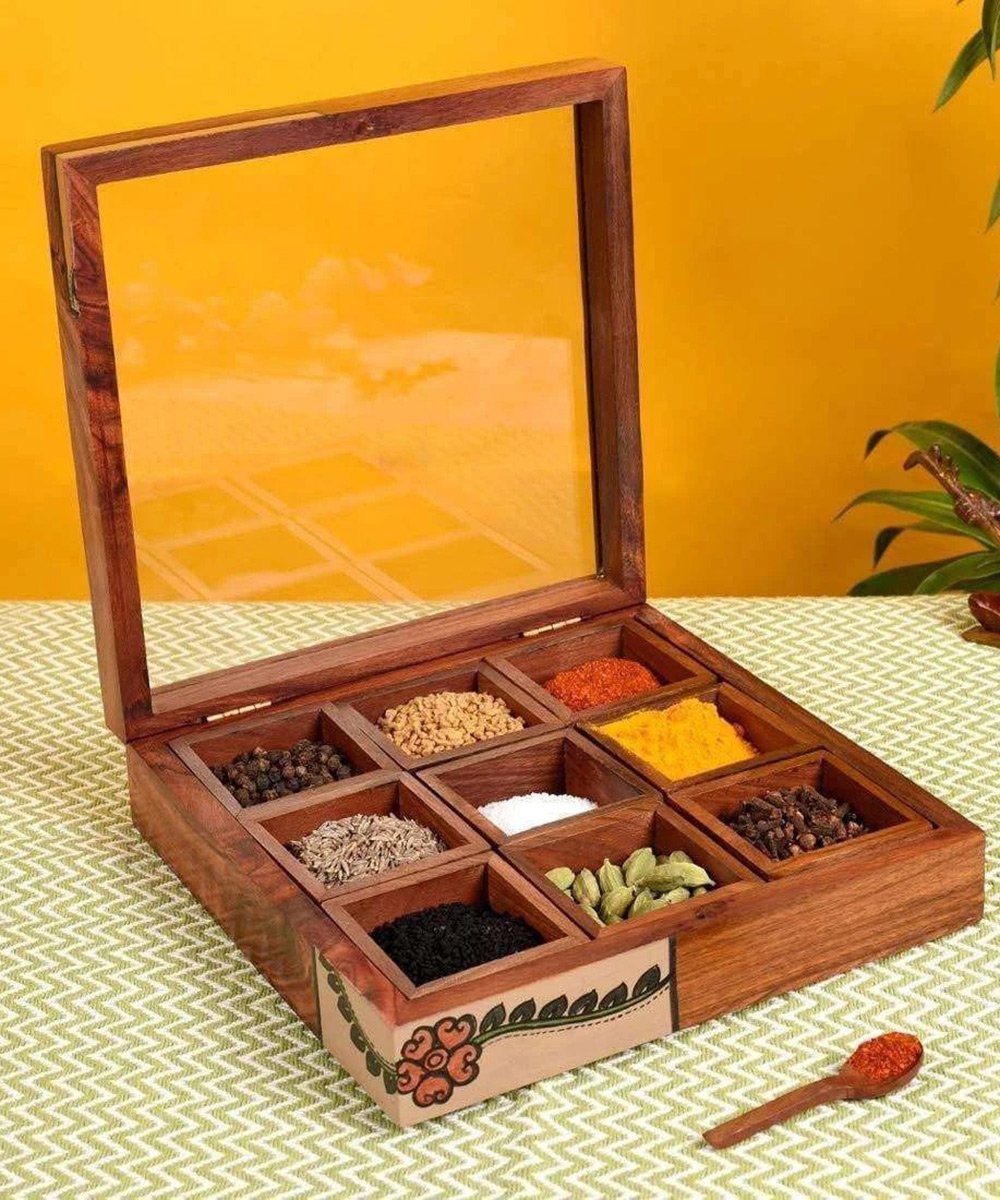 Handcrafted Wooden Masala Box With Spoon For Kitchen -Wooden Multi Utility Box With 9 Container