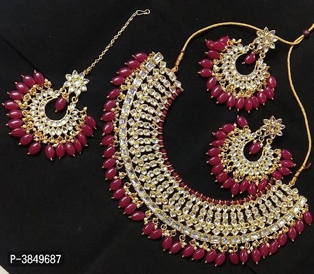 FSS Gorgeous Gold Plated Maroon Bead Work Necklace Set