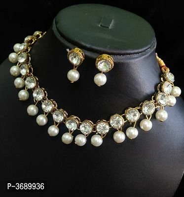 FSS Crystal White Stone Work Beads Jewellery Set With Earrings