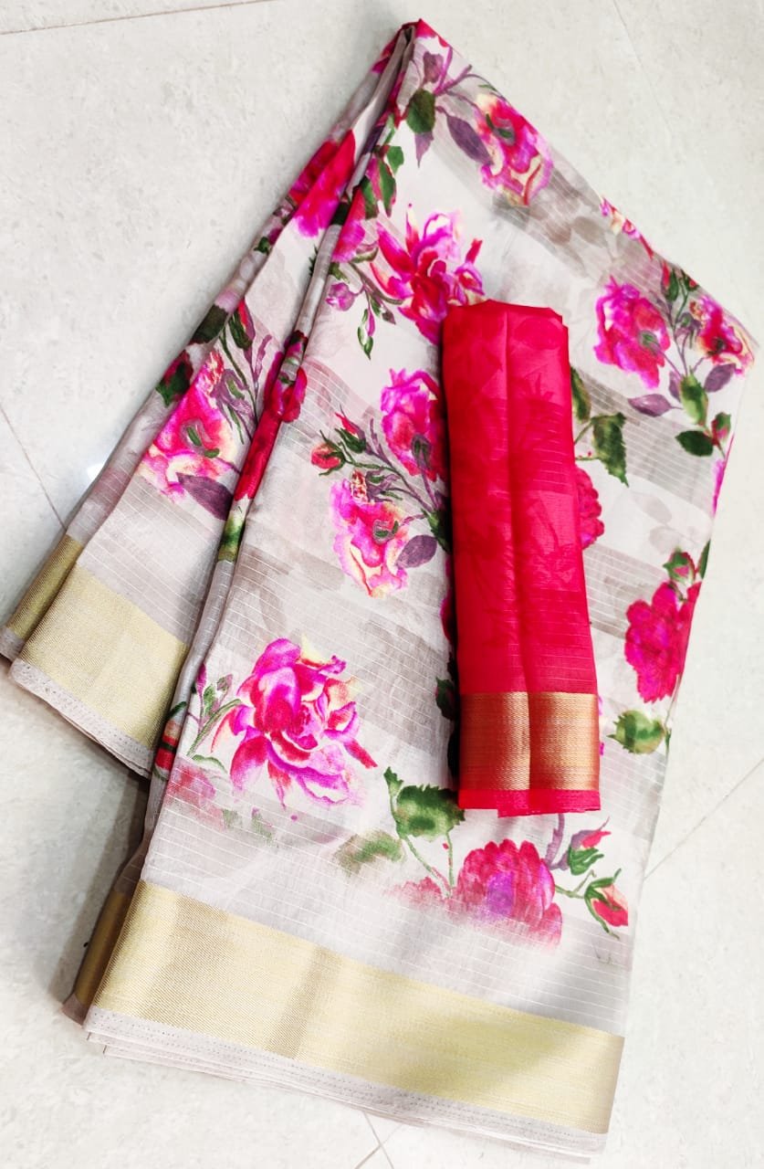 Ladies fashion Semi silk cotton digital sarees With contrasting blouse