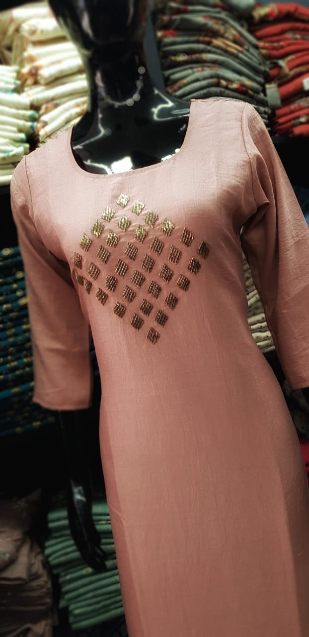 Ladies fashion Hand work semi silk Kurtis with U neck  M L XL XXL