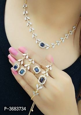 FSS Trending Blue Alloy American Diamond Necklace Set